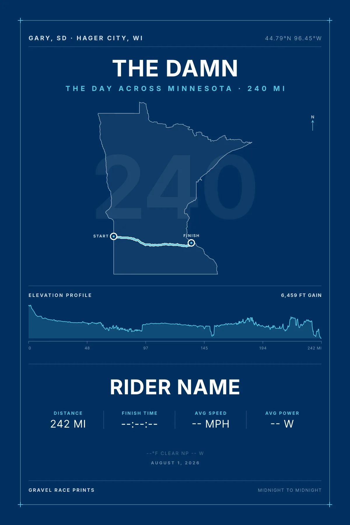 The Day Across Minnesota race route poster, Gary, South Dakota → Hager City, Wisconsin