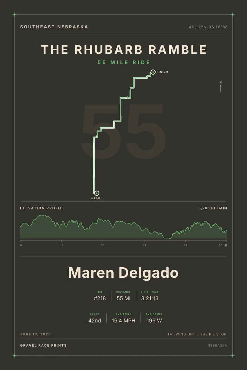 Example posters made from uploaded rides. Some are races, like The Rhubarb Ramble and County Line Classic. Others are everyday rides, like Grocery Store Run and Late For Work Again. Each shows the route, the climbing profile and the rider's stats.